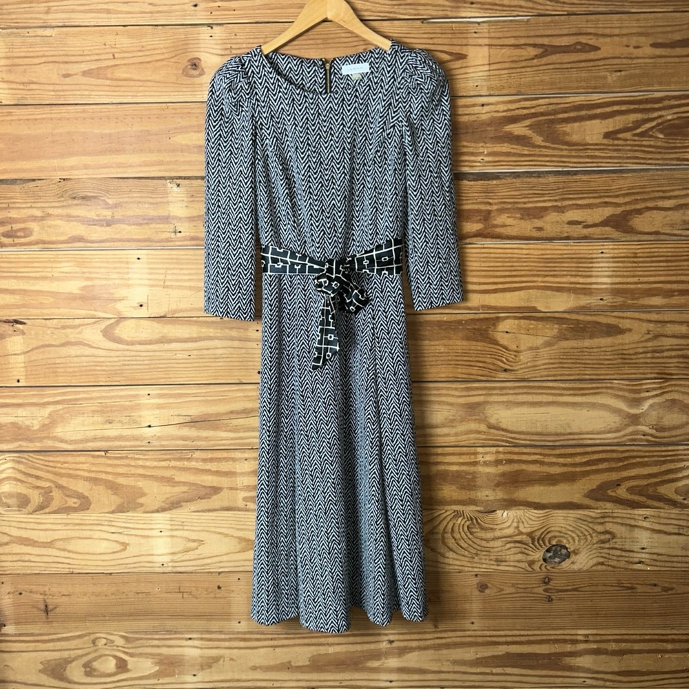 Calvin Klein Black and White Long Sleeve Patterned Midi Dress with Tie Belt